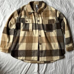 Plaid Brown and Cream Flannel Button-Up Jacket
